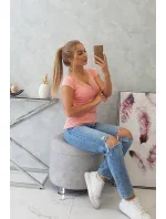 Blúzka s čipkovým výstrihom marhuľová