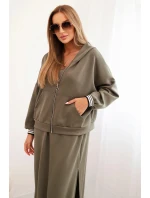 Dámska súprava z viskózy s otvorenou mikinou a dlhou sukňou khaki