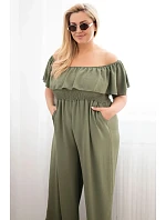Dámske Plus veľkosť kombinéza s volánom a krátkymi rukávmi Khaki