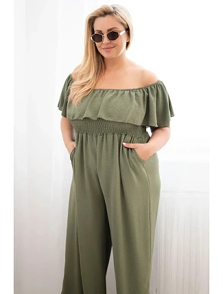 Dámske Plus veľkosť kombinéza s volánom a krátkymi rukávmi Khaki