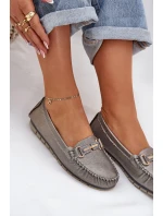 Brokatowe Płaskie Mokasyny Ze Skóry Naturalnej D&A LR51-546 Srebrne