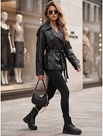 Dámska dvojradová bunda z ekokože s opaskom, čierna, FashionStreet TY5911 Dámska dvojradová bunda z ekokože s opaskom, čierna, FashionStreet TY5911