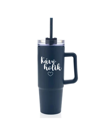 KÁVOHOLIK - modrý cestovní termohrnek s průhledným víčkem 900 ml