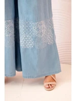 Plus veľkosť dámske široké nohavice s etnickou výšivkou svetlo denim