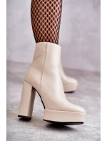 Skórzane Gładkie Botki Na Słupku Beżowe Kaysa