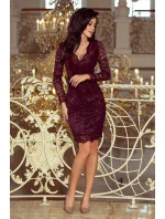 Dámske krajkové šaty v tmavo slivkovej farbe s dlhými rukávmi a výstrihom 170-10 Dámske krajkové šaty v tmavo slivkovej farbe s dlhými rukávmi a výstrihom 170-10