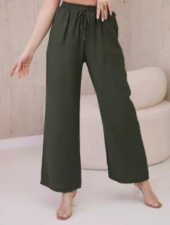 Viskózové nohavice so širokými nohavicami khaki