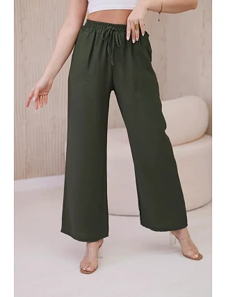 Viskózové nohavice so širokými nohavicami khaki