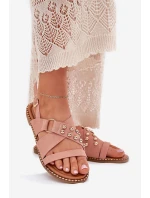 Sandały Damskie Na Płaskim Obcasie Ze Złotymi Ćwiekami Różowe Zanira