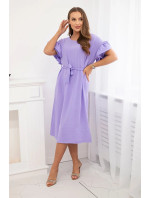 Šaty so zaväzovaním v páse s ozdobnými rukávmi vo fialovej farbe