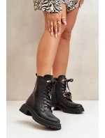 Eko Skórzane Botki Workery Damskie Z Przypinkami Czarne Rianael