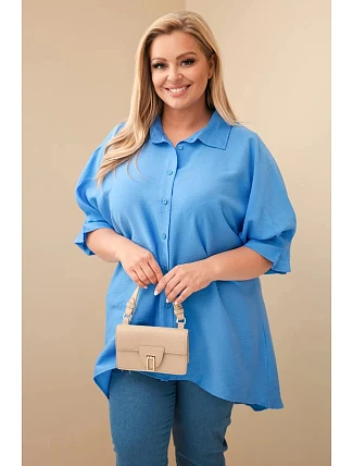 Dámske bavlnené tričko plus size s gombíkmi a golierom z džínsoviny Dámske bavlnené tričko plus size s gombíkmi a golierom z džínsoviny