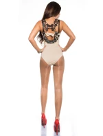 Dámske sexy body s háčkovanými ramienkami a kamienkami 9172 Béžová s čiernou - KouCla Dámske sexy body s háčkovanými ramienkami a kamienkami 9172 Béžová s čiernou - KouCla