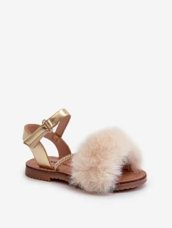 Sandałki Dziecięce Na Rzep Z Futerkiem Złote Rosavere