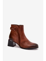 Skórzane Botki Damskie Na Obcasie Ocieplane Zazoo 60563 Brązowe