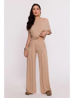B289 Viskózové nohavice s elastickým pásom - cappuccino