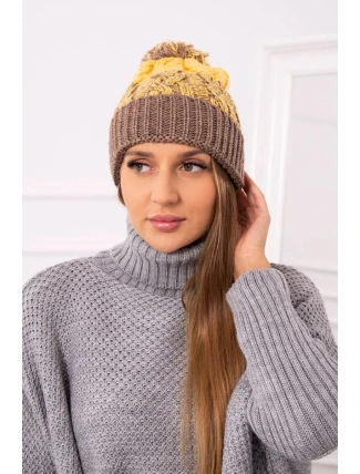 Dámska čiapka s brmbolcom Abigail K326 cappuccino+yellow