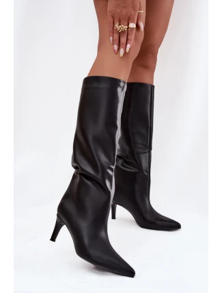 Kozaki Damskie Wsuwane Ocieplane Na Szpilce Czarne Olivienne