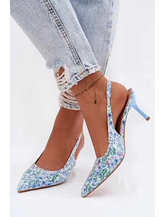 Ozdobené dámské sandály na jehlovém podpatku s květinovým vzorem modré Olivelle