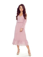 Dámske šifónové midi šaty vo špinavo ružovej farbe s výstrihom a volánikom 304-1