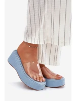 Klapki Damskie Z Transparentnym Paskiem Na Koturnie Jeansowe Meltiana