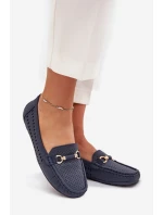 Mokasyny Damskie Ażurowe Z Ozdobą Granatowe Kaydance