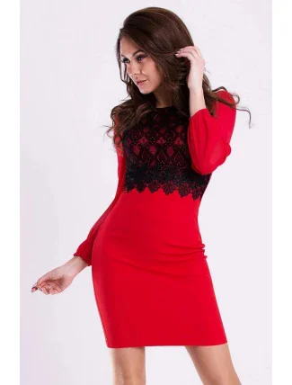 Dámske spoločenské šaty EMAMODA s dlhými rukávmi červeno-čierne - Červená / L - EMAMODA