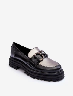 Półbuty Loafersy Damskie Skórzane Na Płaskim Obcasie Czarne Elkiza