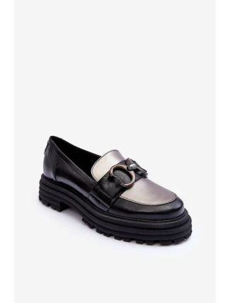 Półbuty Loafersy Damskie Skórzane Na Płaskim Obcasie Czarne Elkiza
