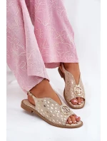 Skórzane Sandały Na Płaskim Obcasie Z Ozdobą S.Barski KV51-094 Złote