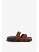 Dámské pantofle s pásky a zlatým sponou Hnědé Selorina