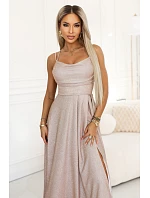 589-4 Dlhé šaty s jemnými trblietkami a korzetovým viazaním vzadu - béžovo-ružové s trblietkami