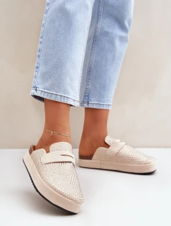 Klapki Damskie Zdobione Cyrkoniami Na Platformie Beżowe Deorani