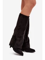 Wsuwane Kozaki Kowbojki Damskie Na Słupku Z Frędzlami Czarne Zalia