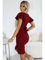 479-7 NINA elegantné šaty s obálkovým výstrihom, rukávmi a opaskom - Bordeaux