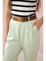 Nohavice s opaskom a vreckami z maslovej tkaniny tmavej mentolovej farby