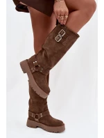 Kožené semišové dámské kozačky s přezkami zateplené Big Star OO274A182 béžové