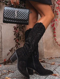 Kozaki Kowbojki Damskie Na Słupku Z Eko Zamszu Czarne Coretta