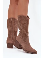 Ażurowe Kozaki Kowbojki Damskie Na Obcasie Ciemnobeżowe Olivette