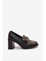 Półbuty Damskie Na Słupku Z Tłoczeniem I Złotym Detalem Zielono-Czarne Novella