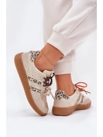 Sneakersy Damskie Z Podwójnym Sznurowaniem Panterka Beżowe Ollabes