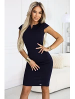 608-2 Zmyselné ceruzkové šaty s krátkymi rukávmi a ozdobným výstrihom - tmavomodré