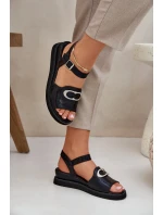 Lakierowane Sandały Damskie Na Koturnie Z Ozdobą Czarne Salianes