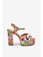 Wzorzyste Sandały Na Słupku I Platformie Różowo-Zielone Slaria