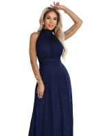 636-2 VERONICA luxusné dlhé šaty s brokátovým akcentom a elegantným strihom - tmavomodré