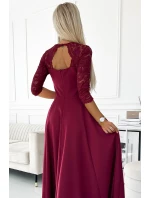 309-9 AMBER elegantné dlhé maxi šaty s čipkovým výstrihom - Bordeaux