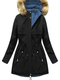 Dámska obojstranná zimná bunda s kapucňou čierna a modrá (w214big)