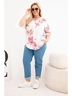 Dámske bavlnené Plus veľkosť V-neck blúzka s kvetinovým vzorom biela Dámske bavlnené Plus veľkosť V-neck blúzka s kvetinovým vzorom biela