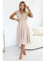 381-7 Éterické šifónové šaty LINDA s čipkovým výstrihom - béžové