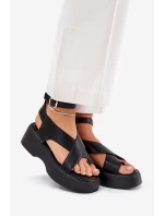 Sandały Damskie Na Platformie I Koturnie Eko Skórzane Czarne Tenzorus